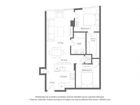 Floor plan for 1 bed, 1 bath, 872 sqft